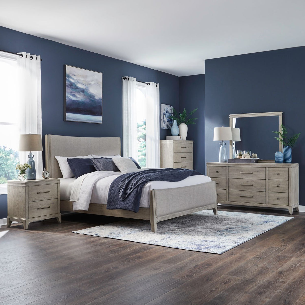 694-BR-KCUBDMCN - King California Uph Bed, Dresser & Mirror, Chest, Night Stand - Liberty Furniture