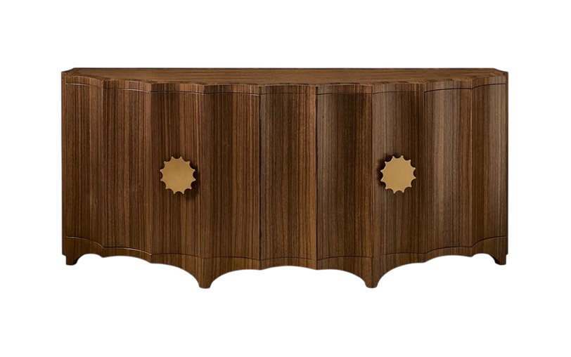a brown wooden cabinet with gold handles
