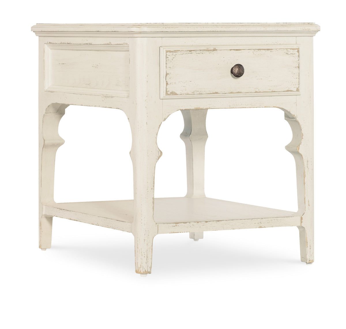 a white end table with a drawer
