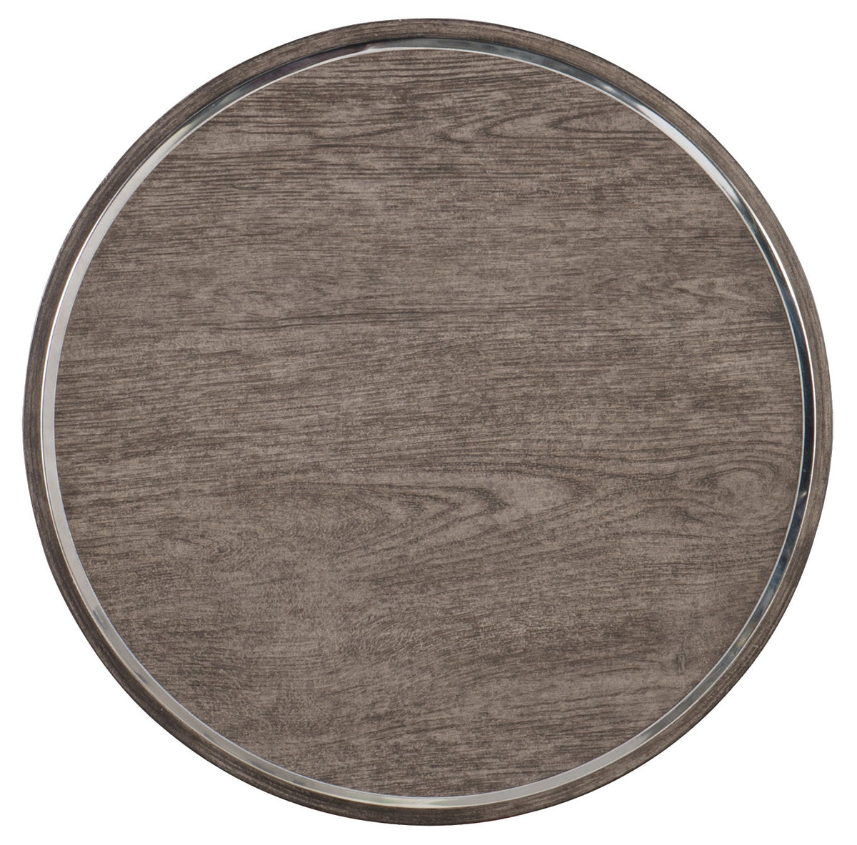 a circular wood surface with a silver rim