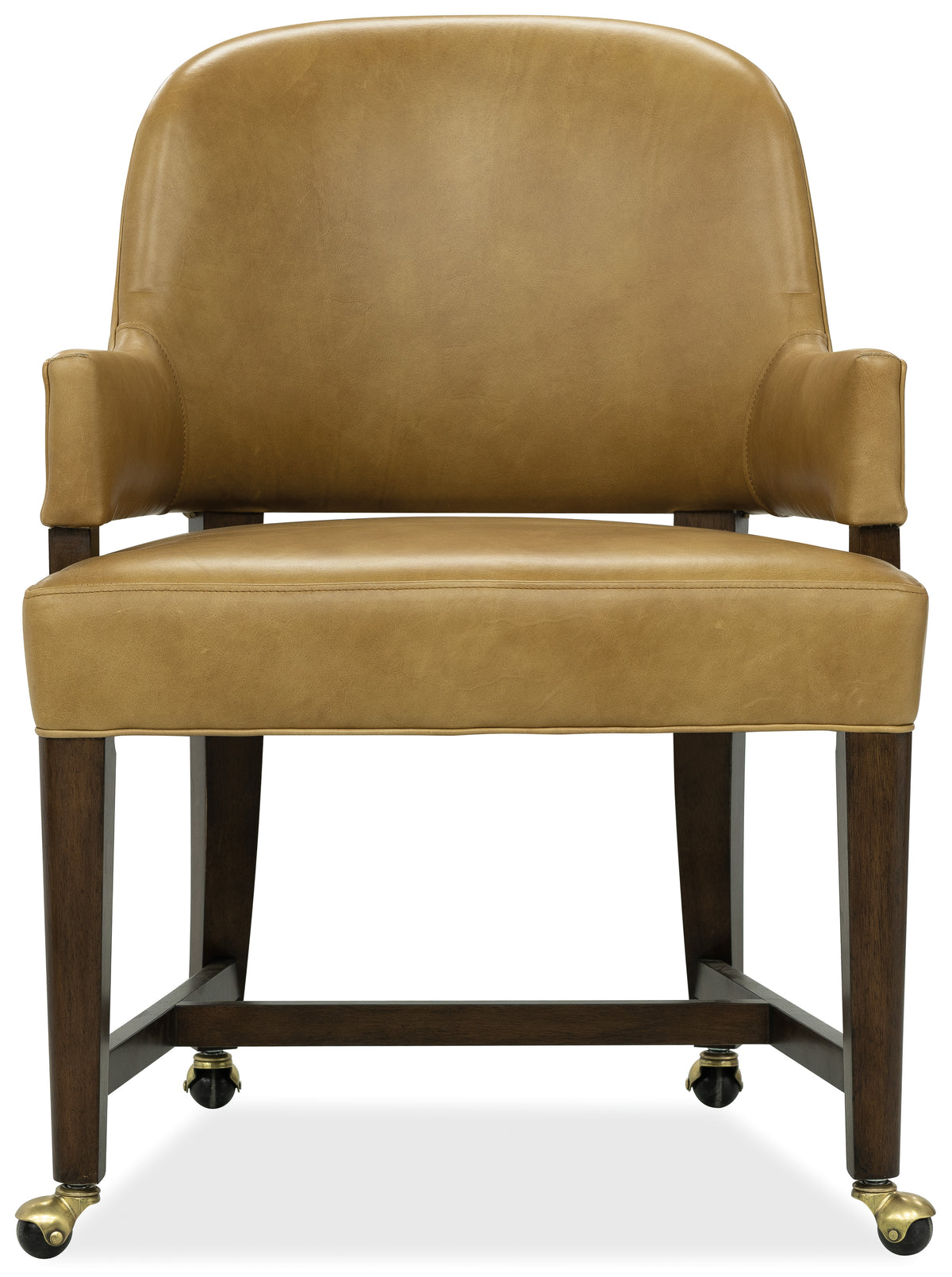 a brown leather chair with wheels