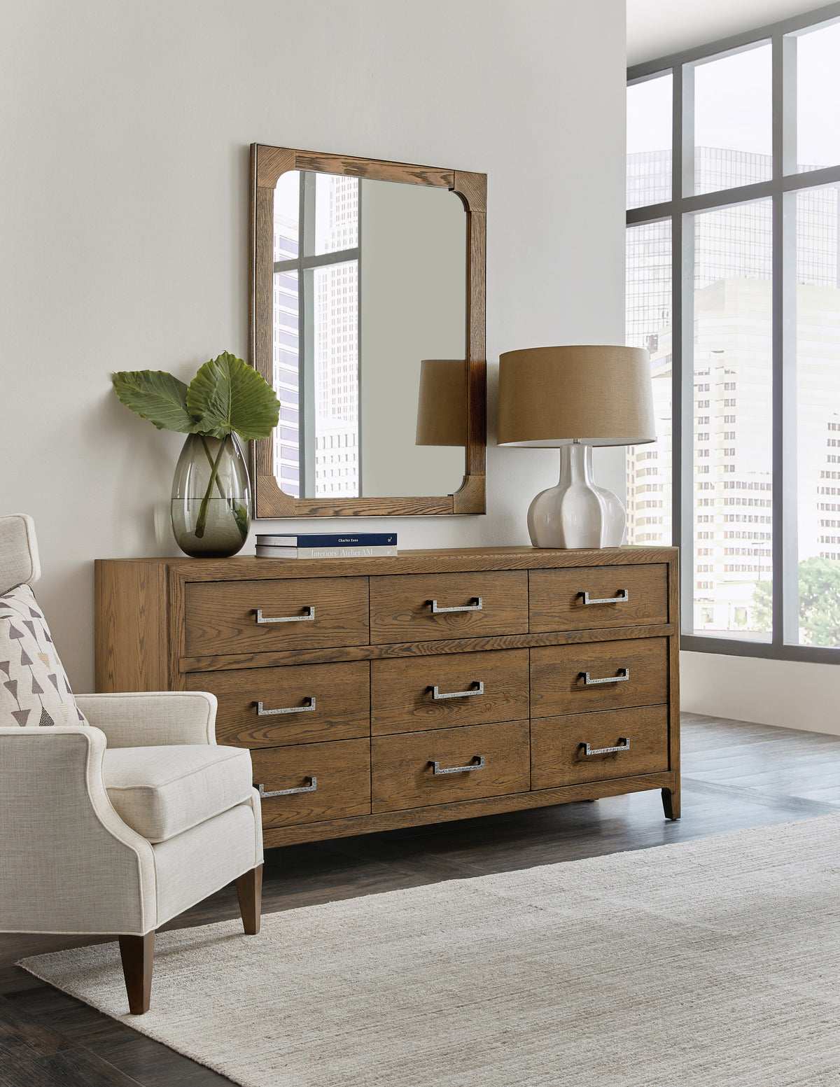 a mirror on a dresser