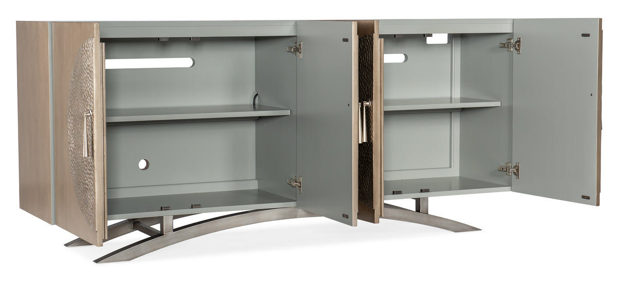 a grey cabinet with open shelves