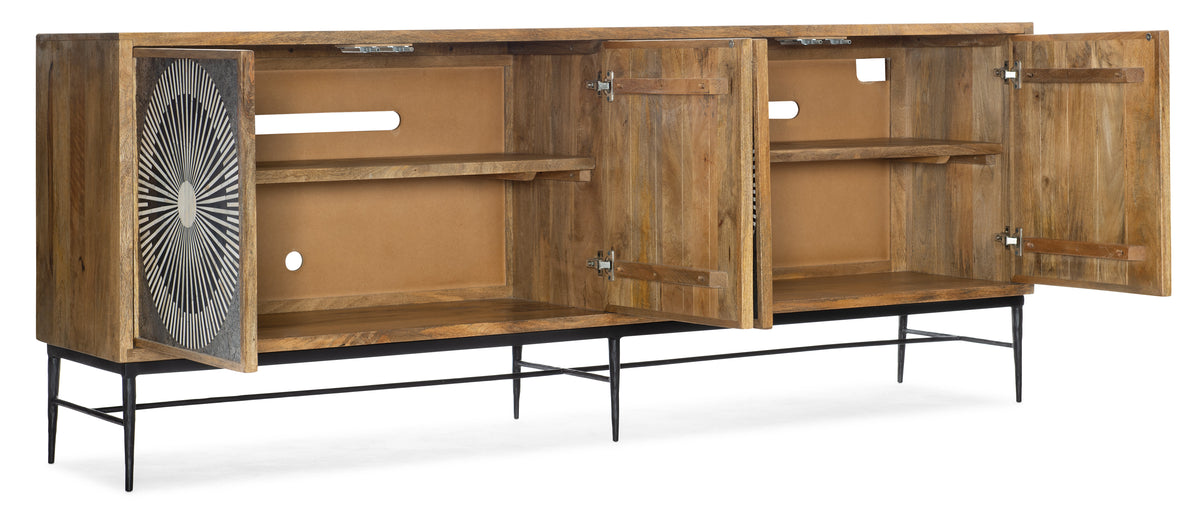 a wood cabinet with open doors