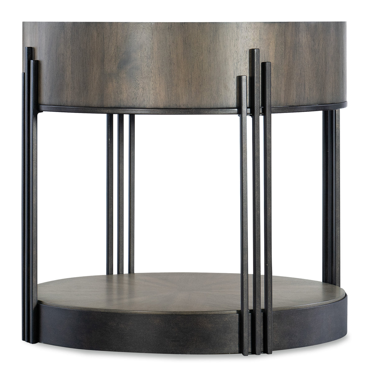 a round wooden table with a round shelf