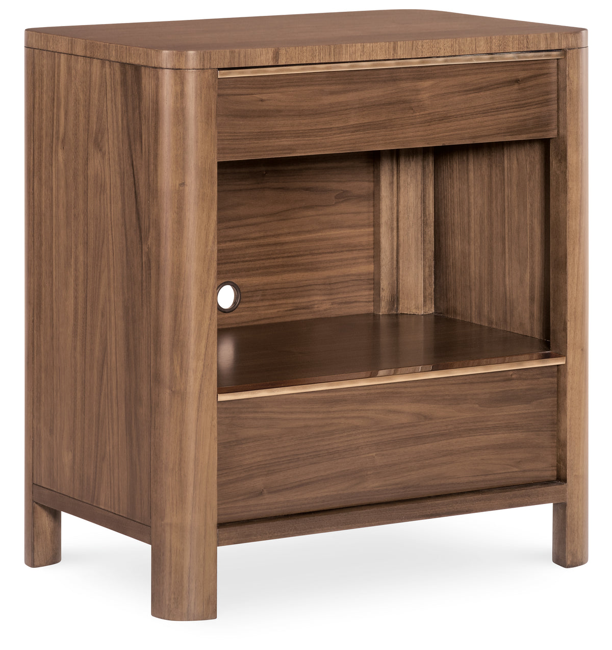 a wooden nightstand with a hole in the top