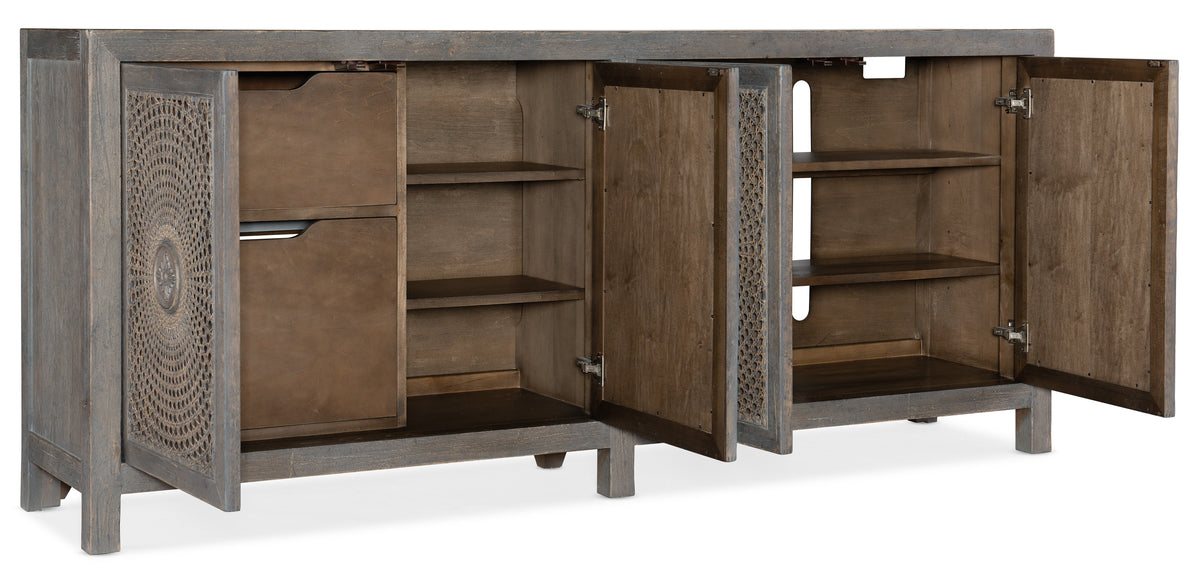a brown wooden cabinet with open shelves