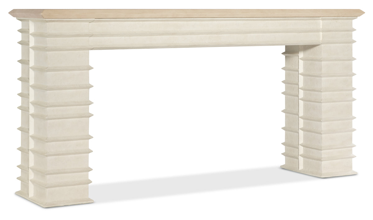 a white rectangular table with columns