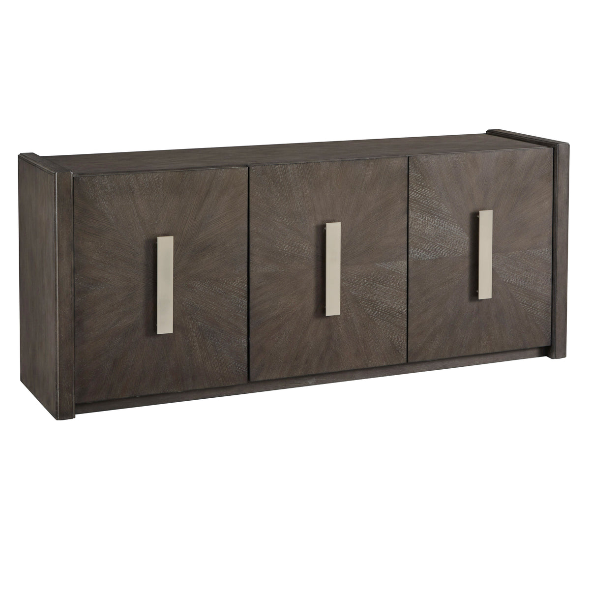 a brown cabinet with silver handles