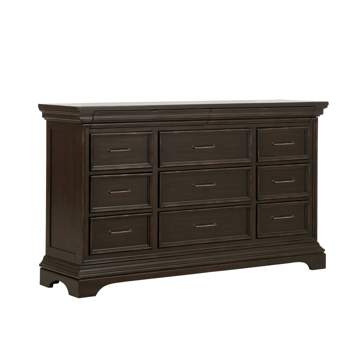 a brown dresser with drawers
