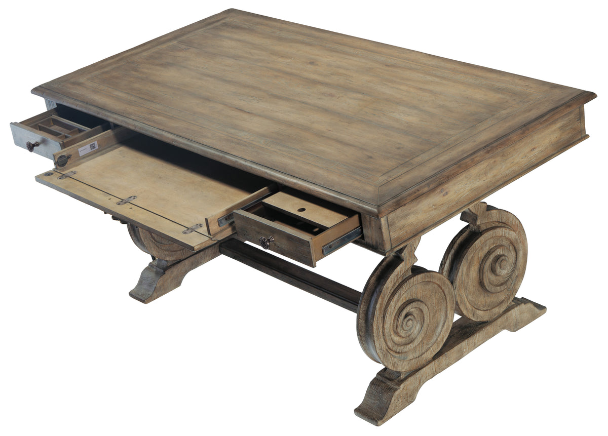 a wooden table with a drawer