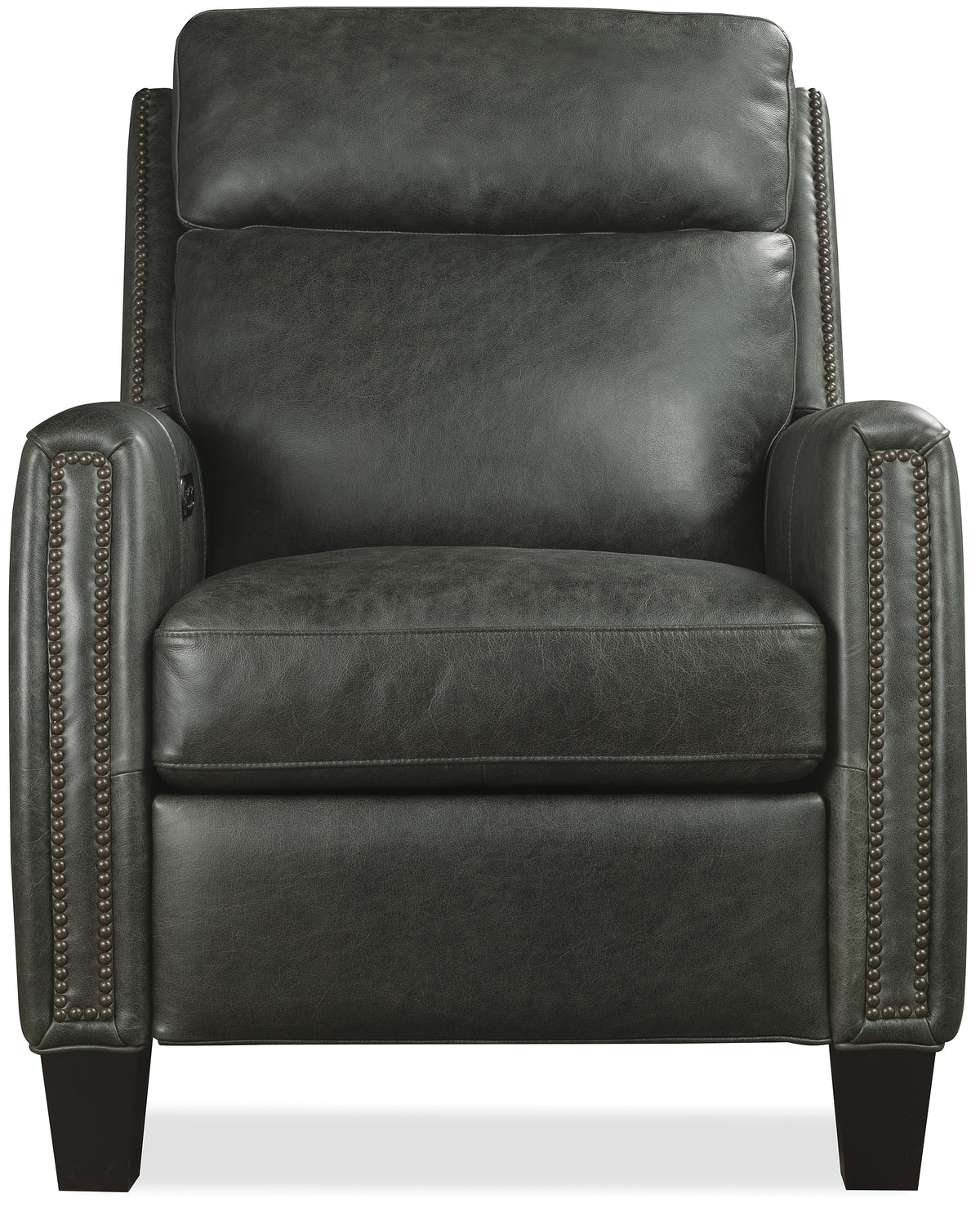 a black leather chair with studded trim