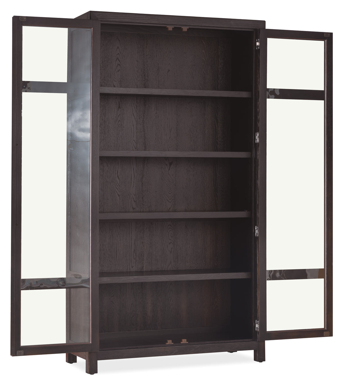 a black wooden cabinet with glass doors