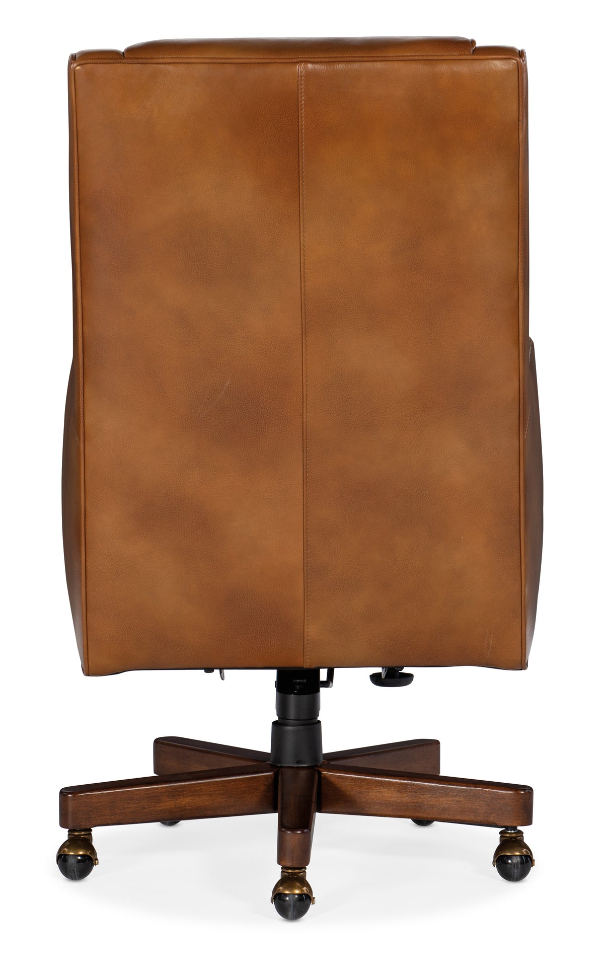 the back of a brown leather chair