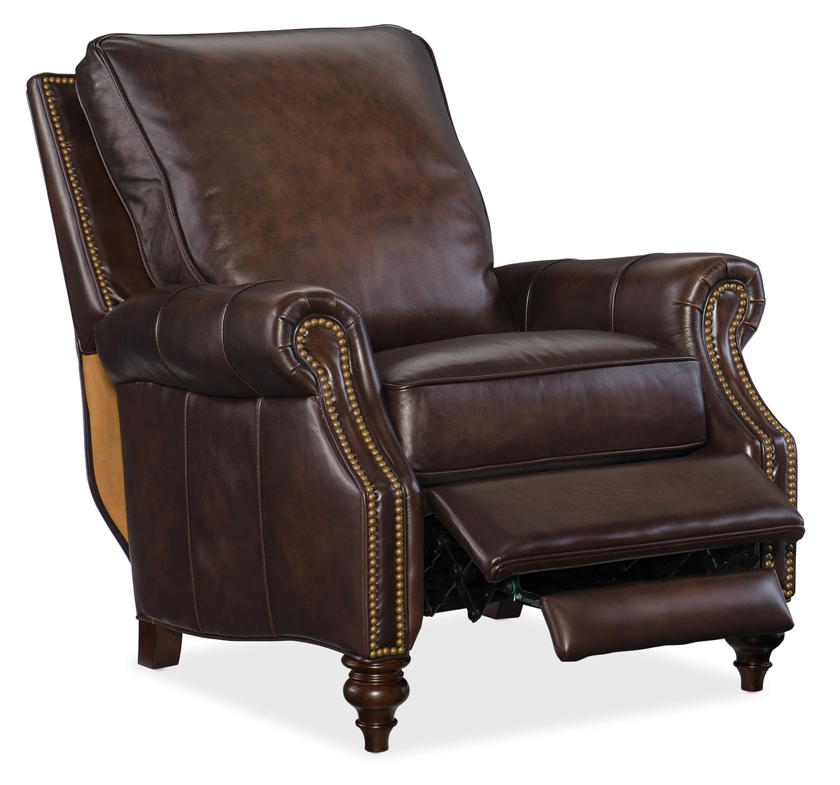 a brown leather recliner with a foot rest