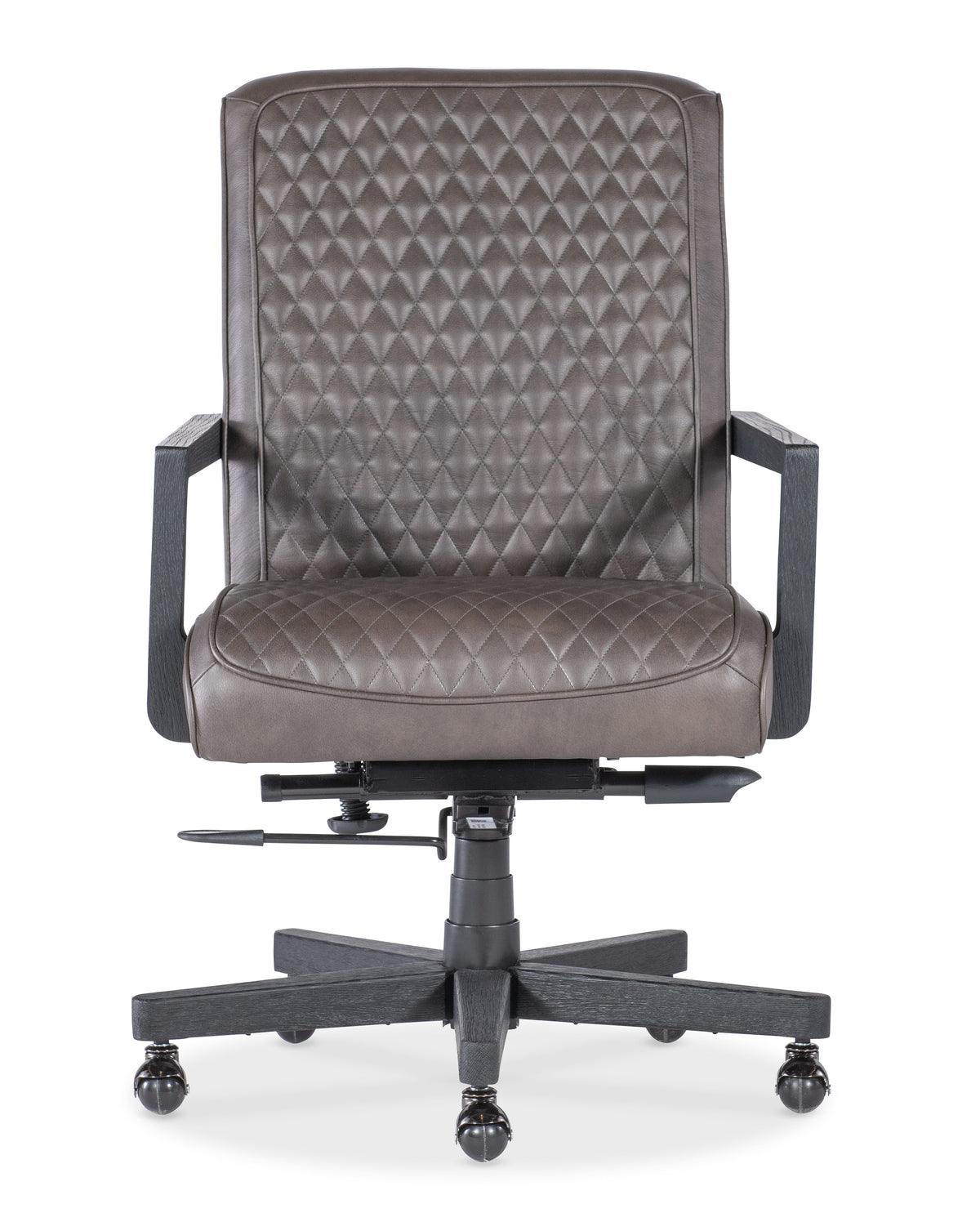 a brown office chair with black arms