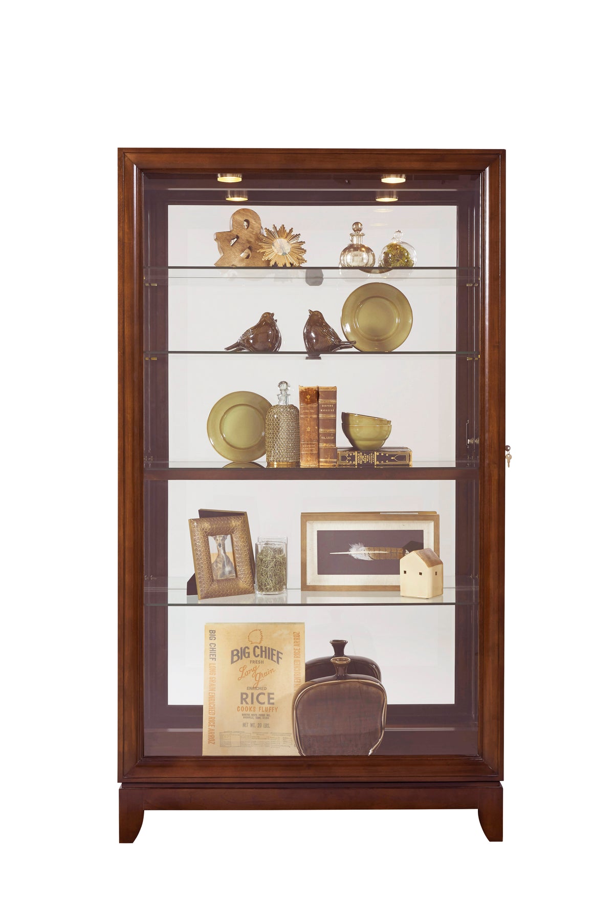 a glass cabinet with shelves and objects