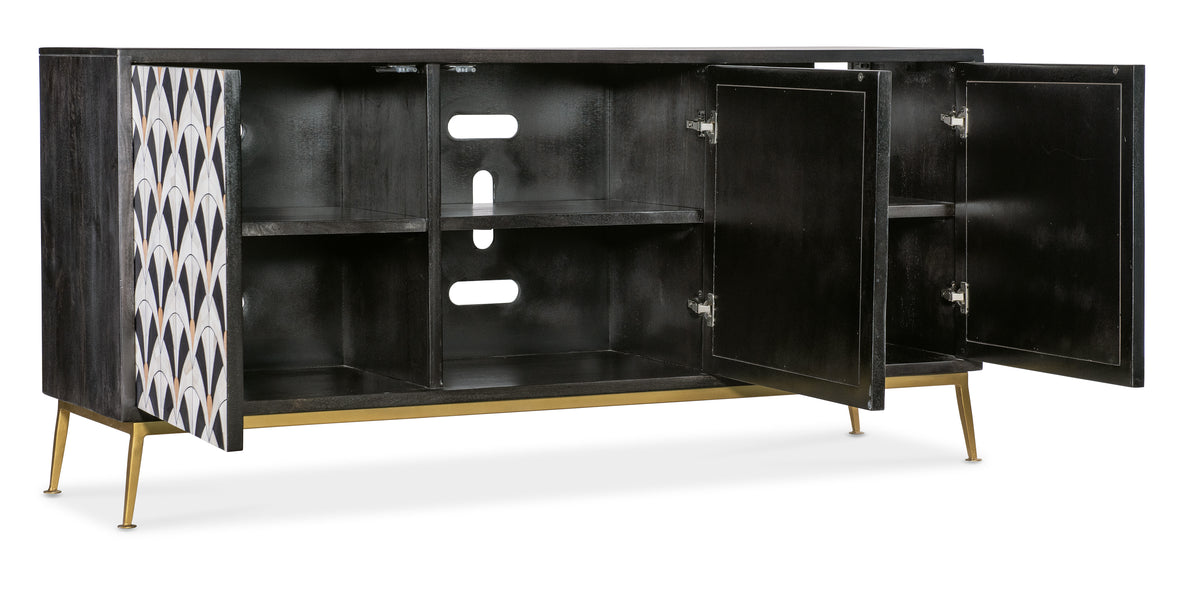a black entertainment center with a door open