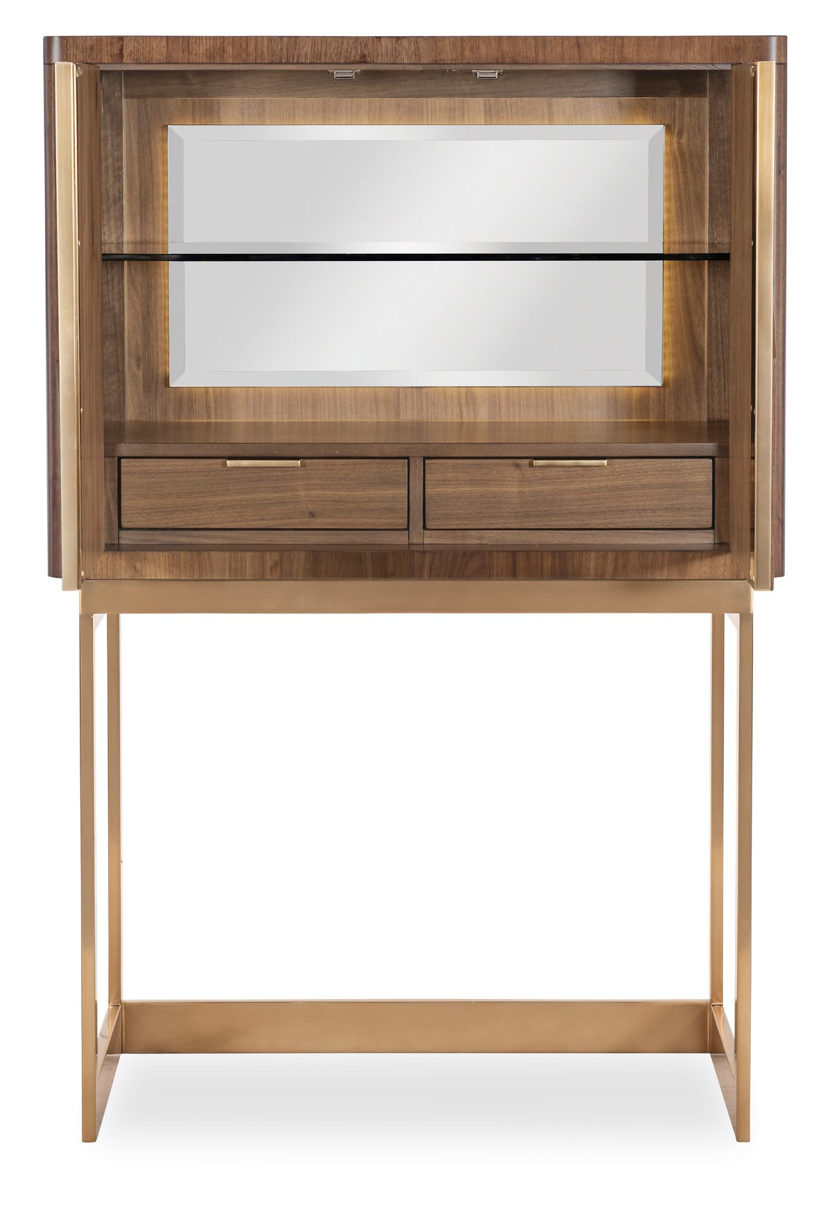 a wooden cabinet with a glass shelf