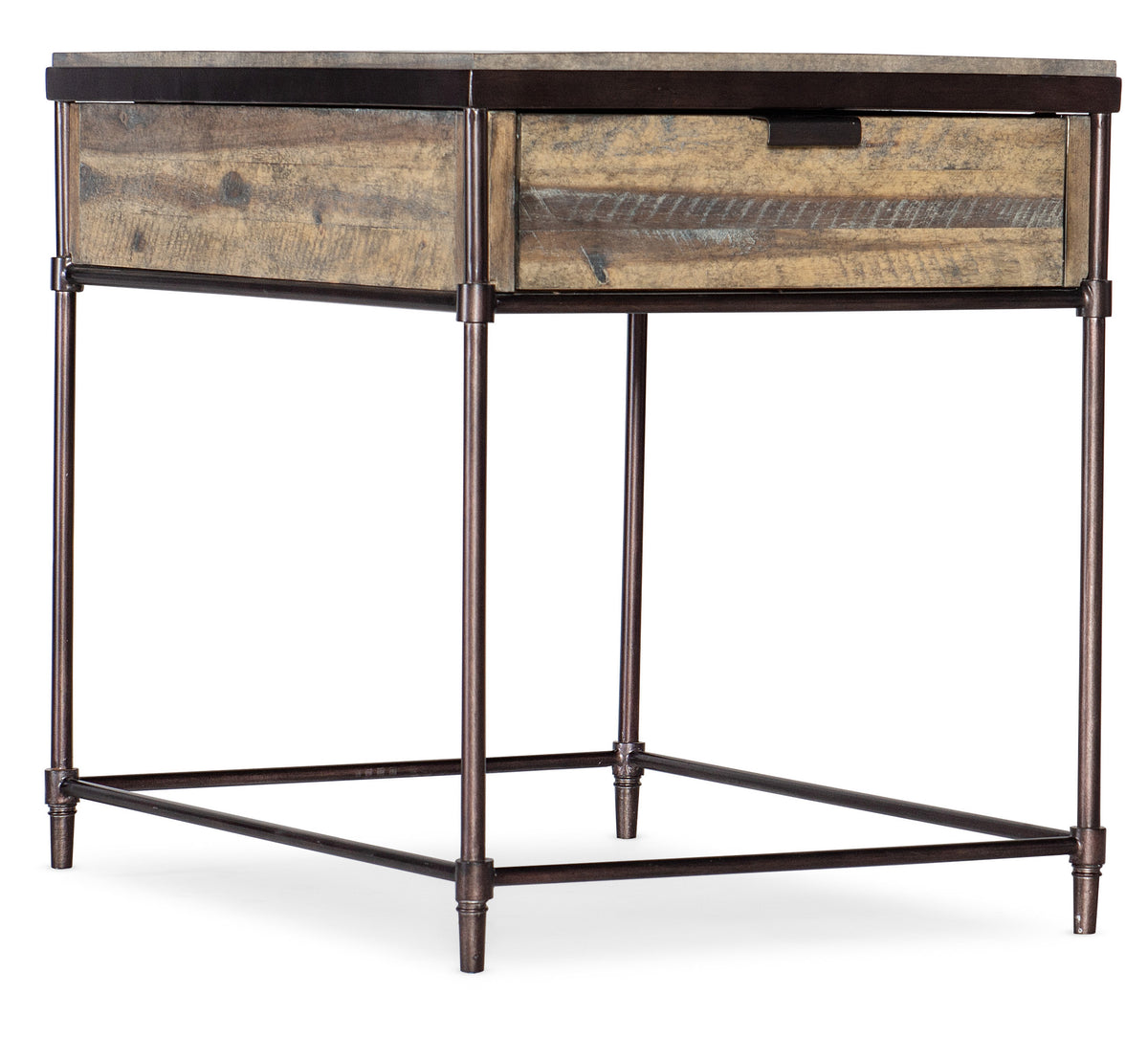 a wooden table with metal legs