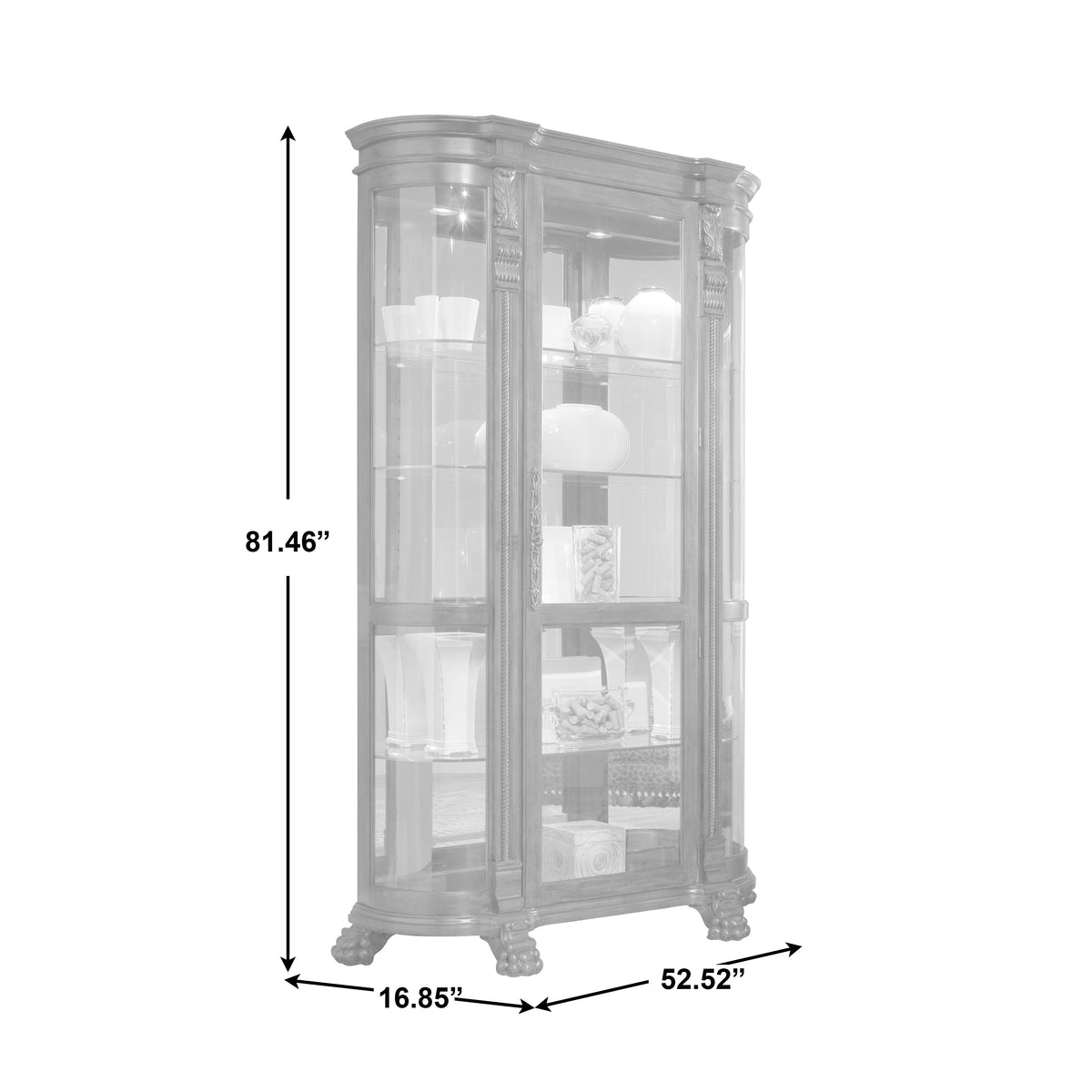 a tall glass cabinet with a size chart