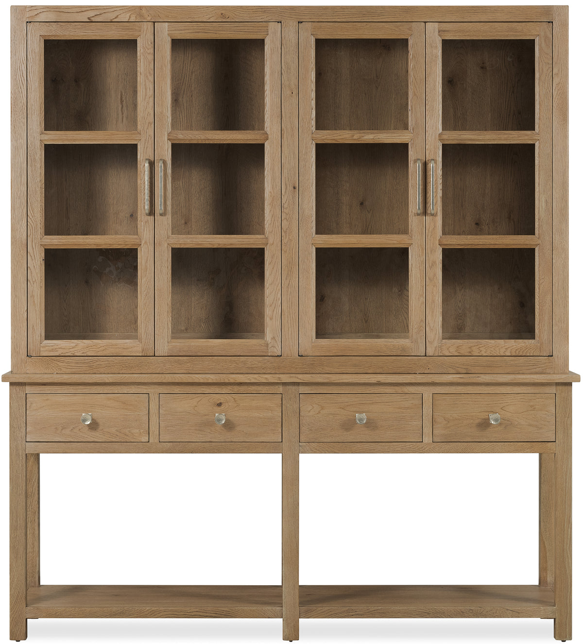 a wooden cabinet with glass doors