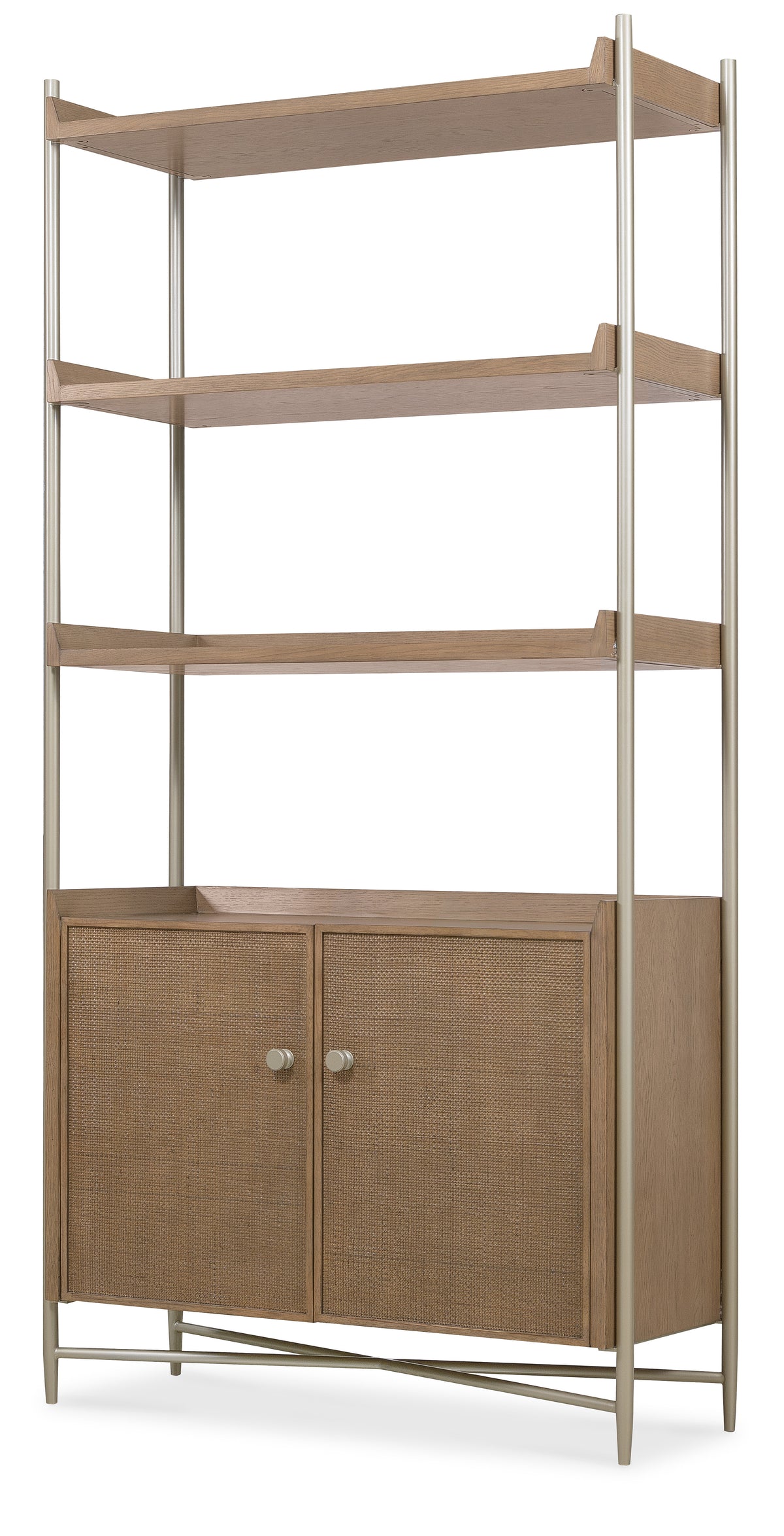 a wood shelf with a wicker shelf