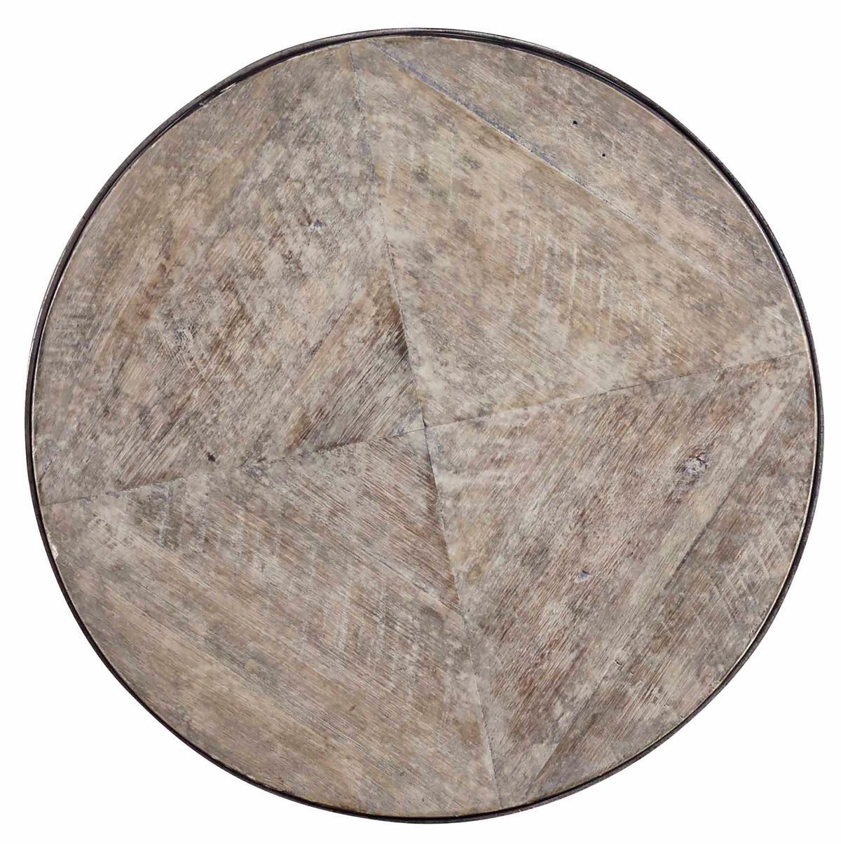 a circular wood surface with a black band
