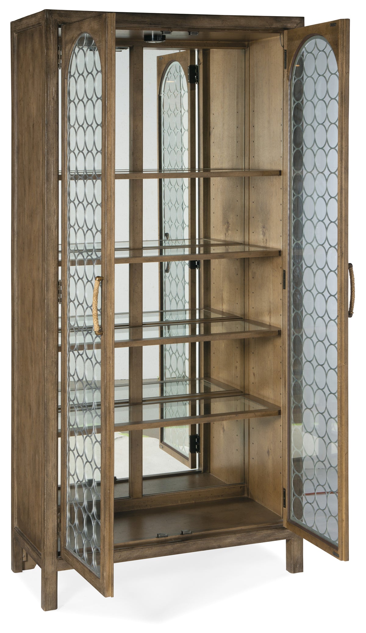 a wood cabinet with glass shelves