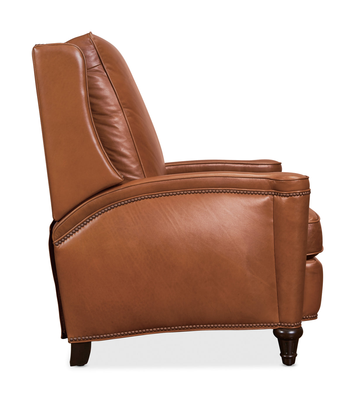 a brown leather chair with wooden legs