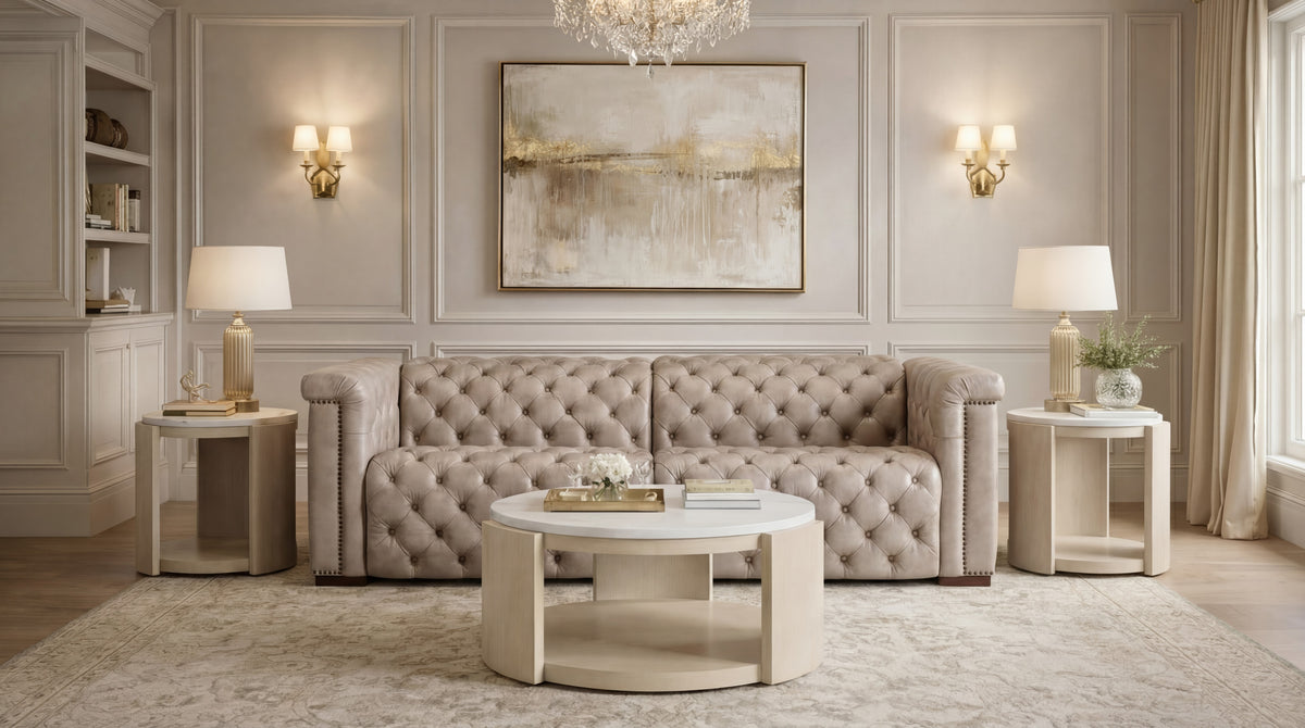 a living room with a couch and a chandelier