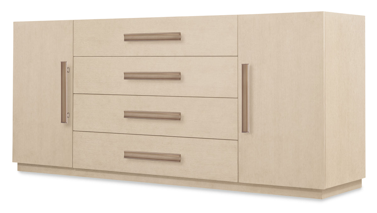 a white dresser with a metal handle