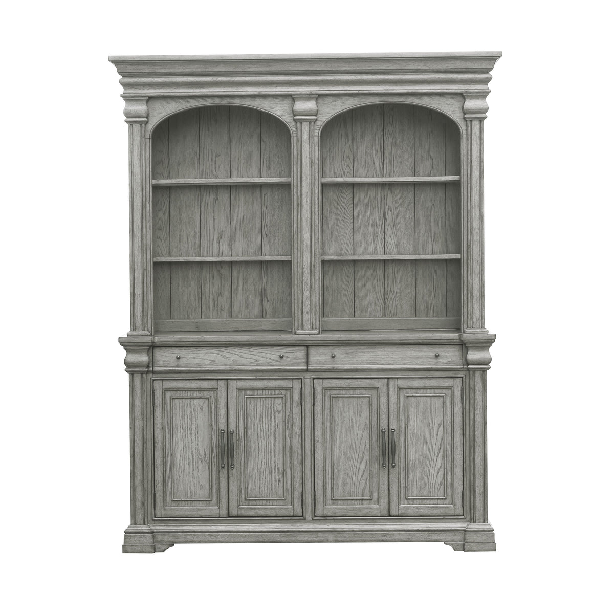 a grey wooden cabinet with two shelves