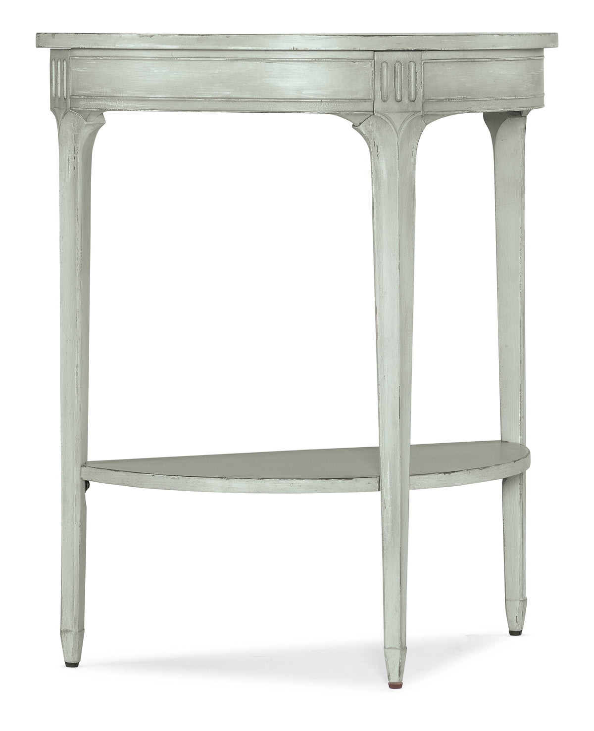 a white table with a shelf