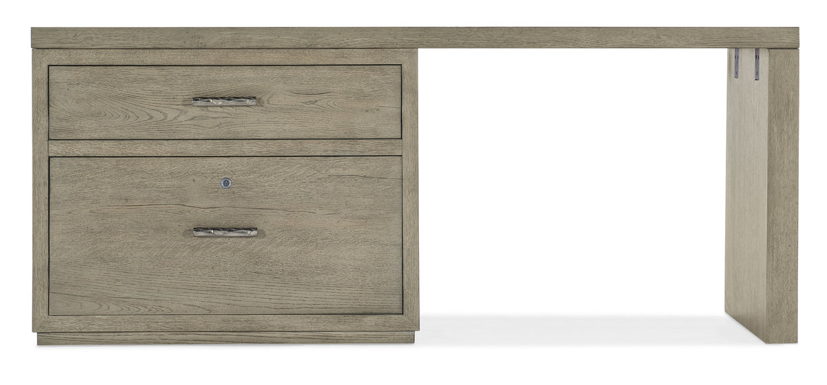 a wooden desk with a door open