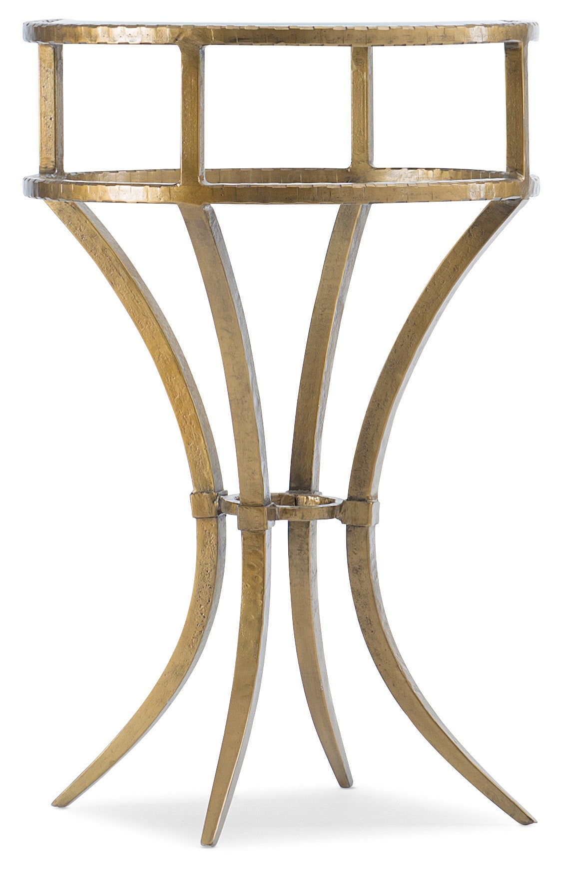 a gold metal stand with a round top