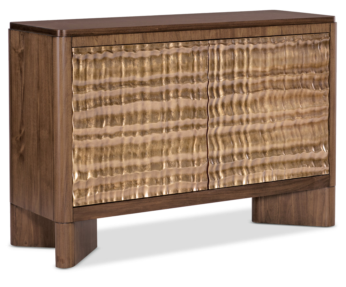 a brown wooden cabinet with a gold textured surface