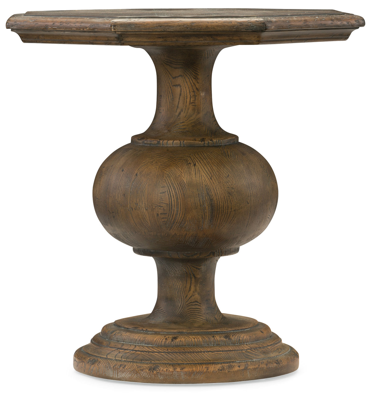 a round wooden table with a round base