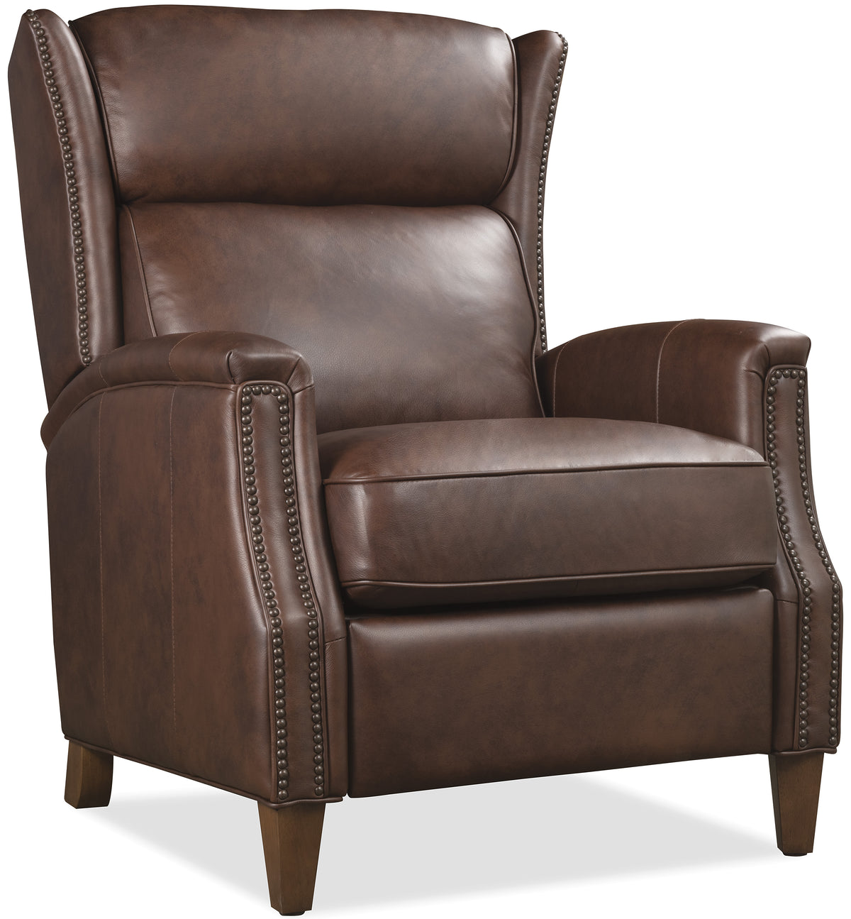 a brown leather chair with wooden legs