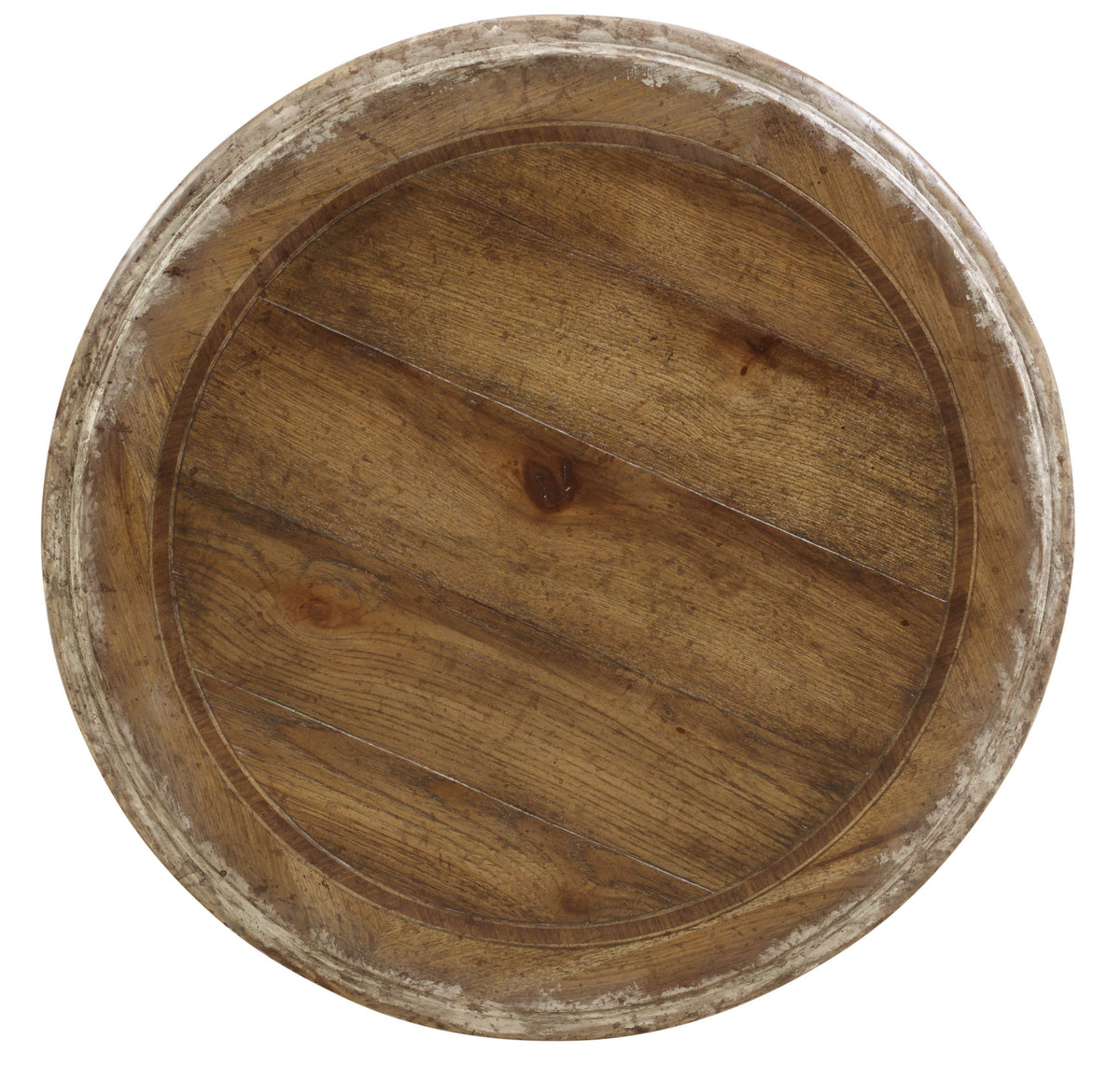 a round wooden surface with a white border