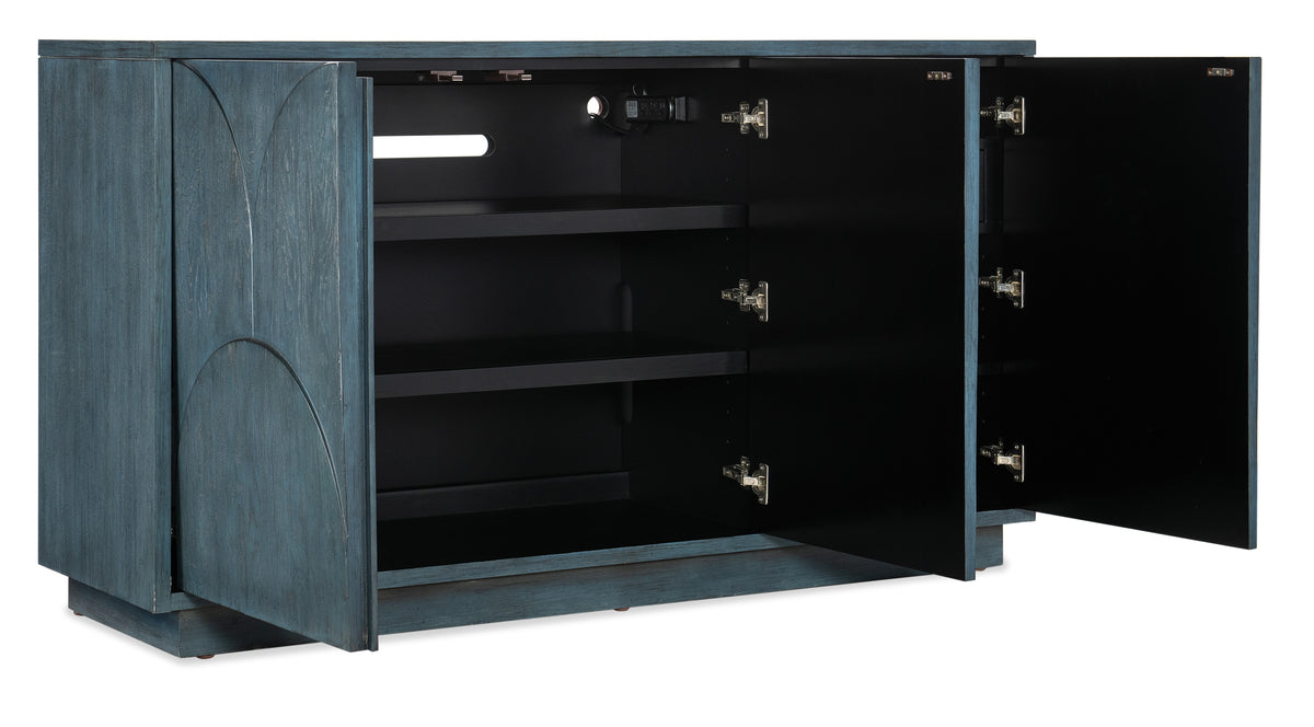 a blue cabinet with a black door
