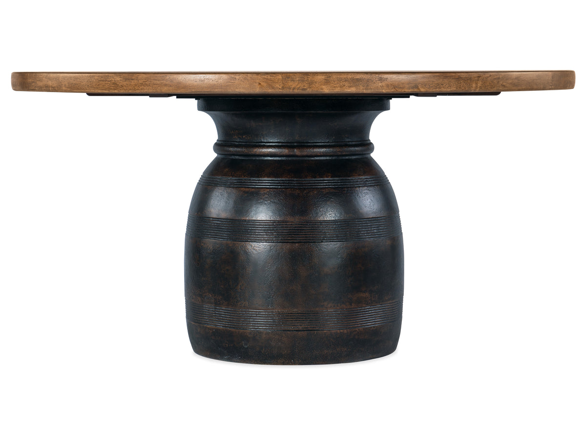 a round table with a wooden top