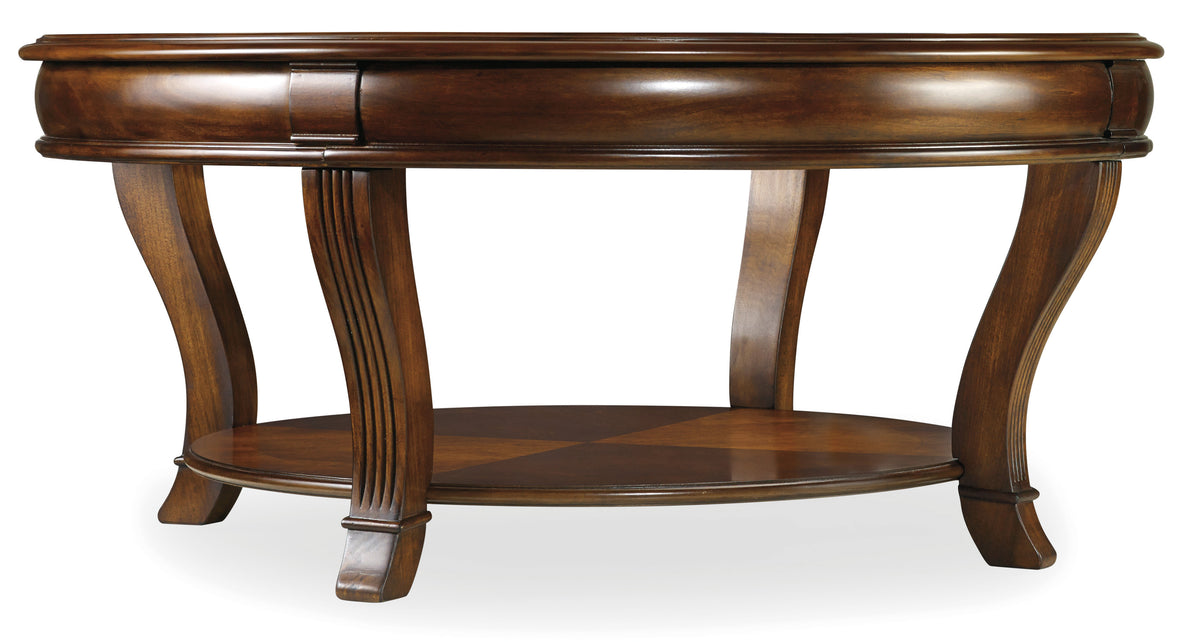 a round wooden table with a shelf