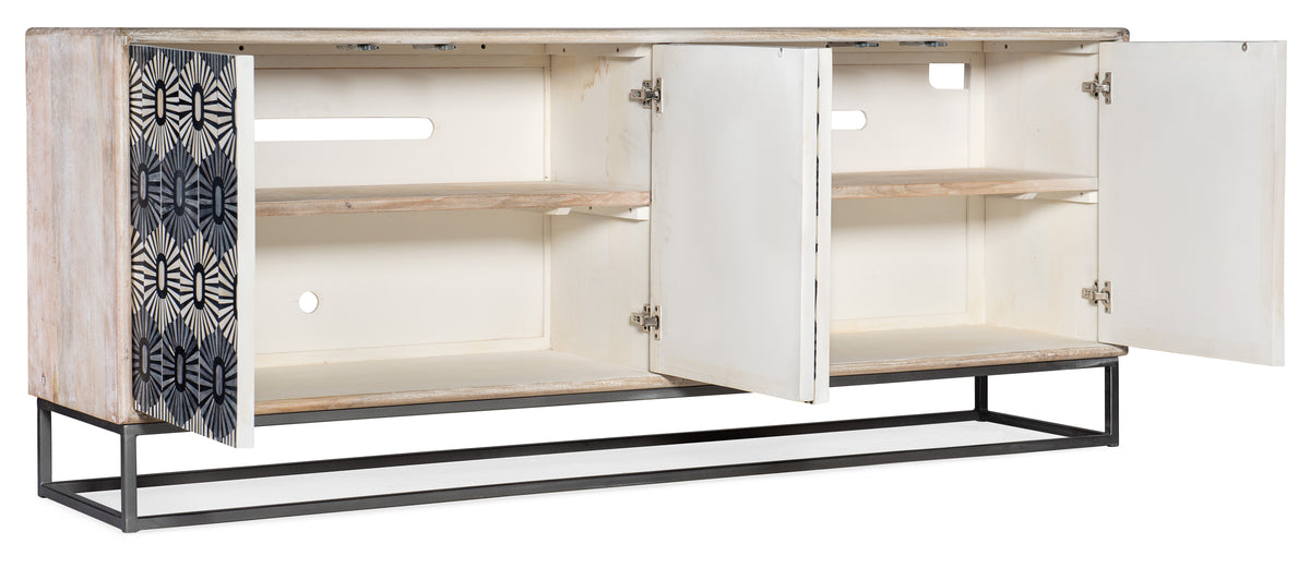 a white shelf with open doors