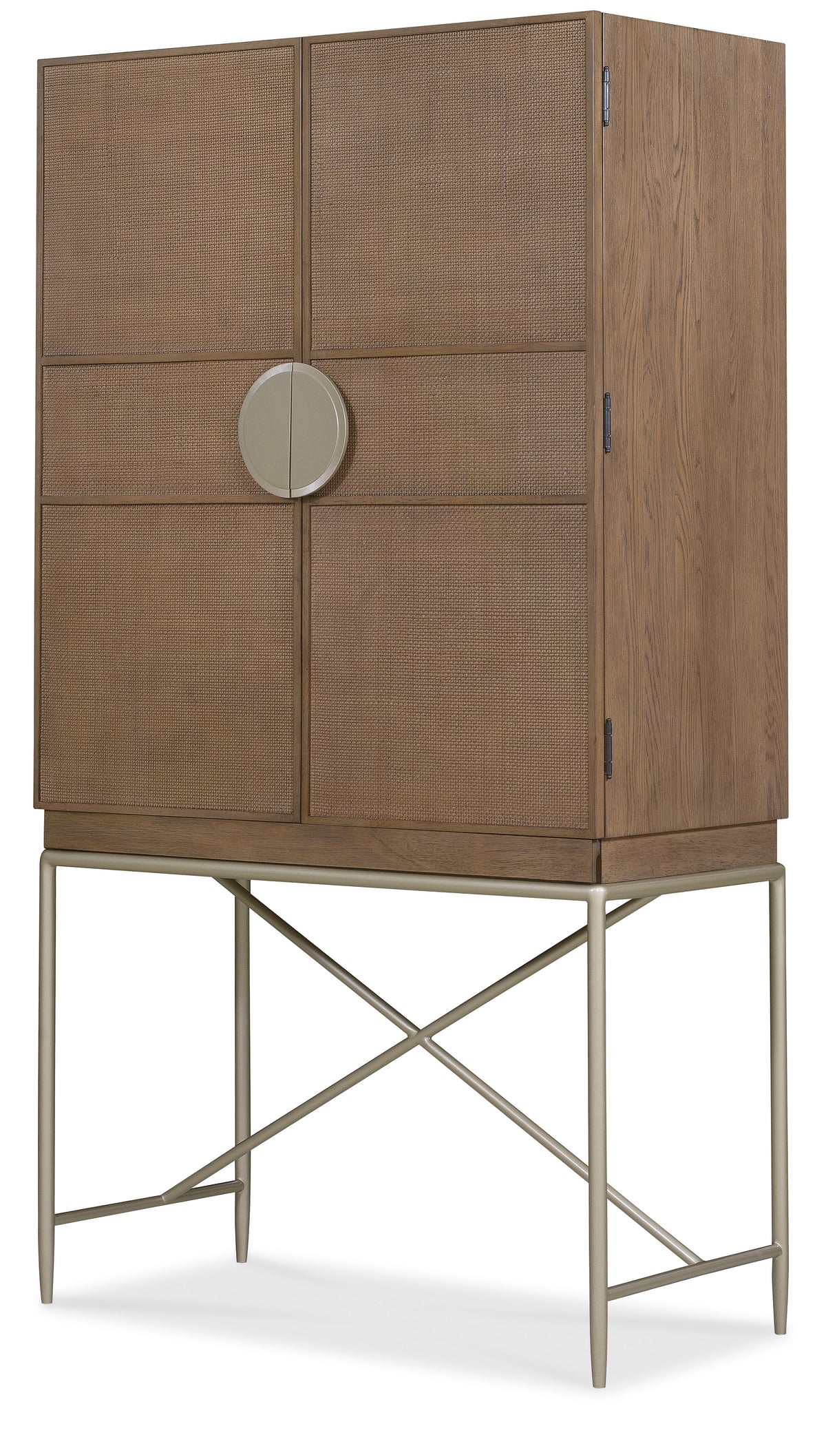 a brown cabinet with a silver circle on top