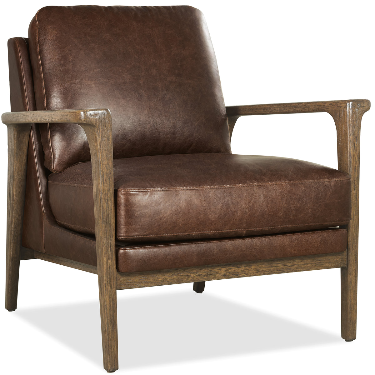 a brown leather chair with armrests