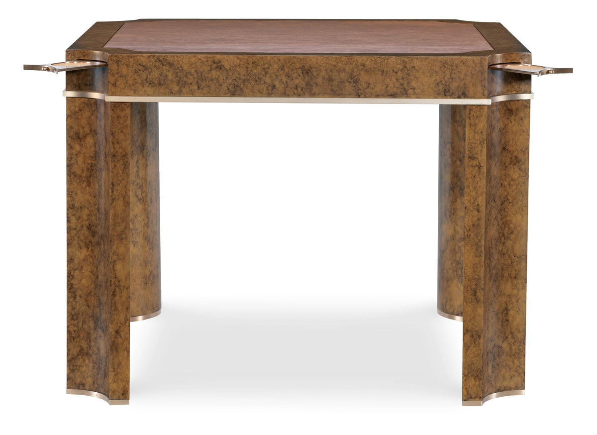 a brown table with gold trim