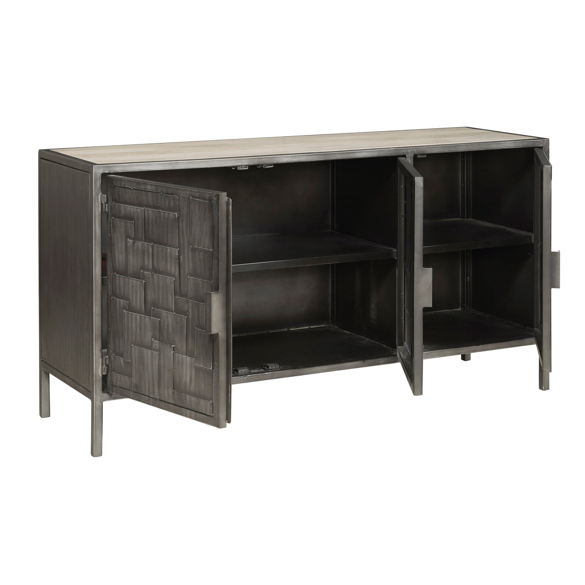 a black metal cabinet with open doors