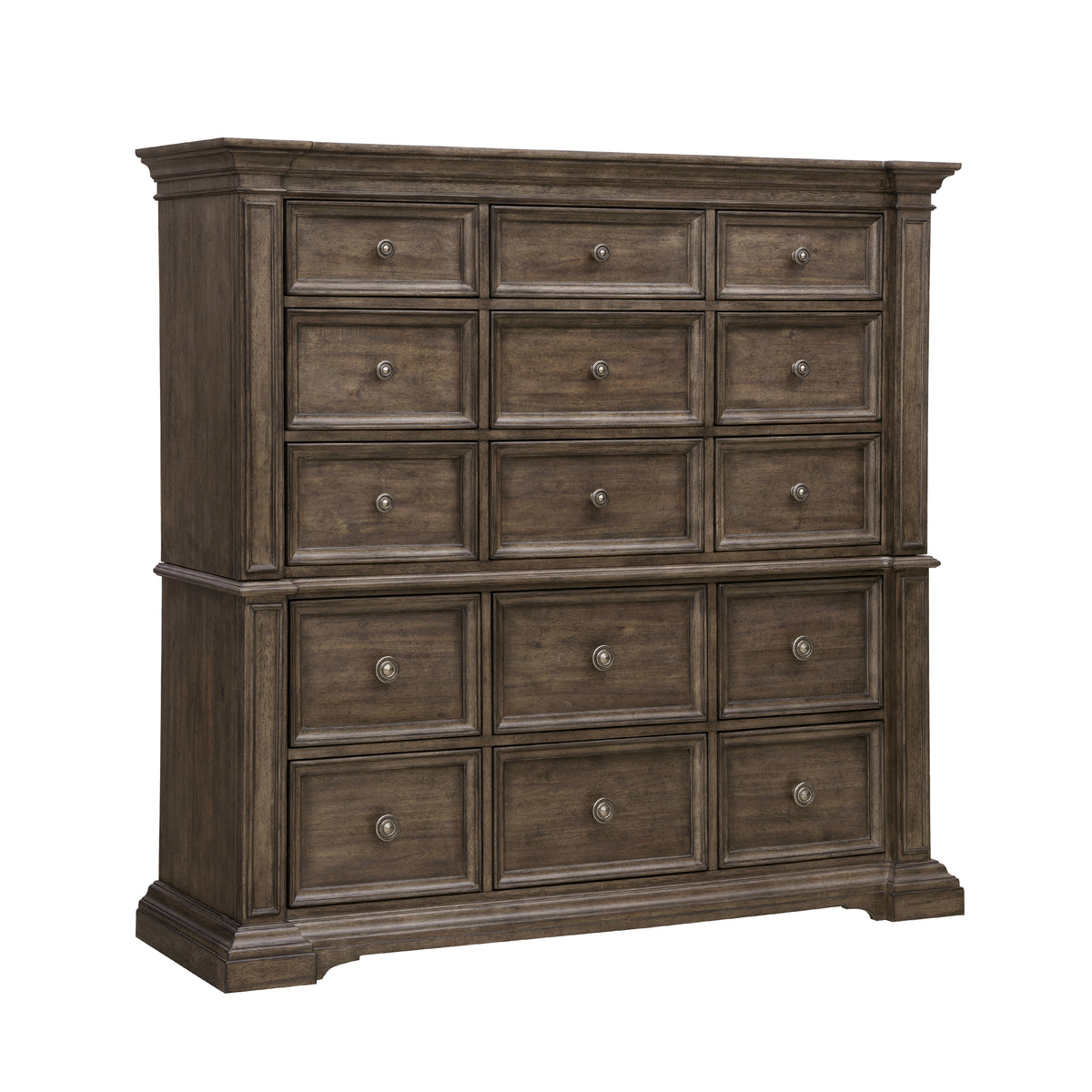 a brown dresser with drawers