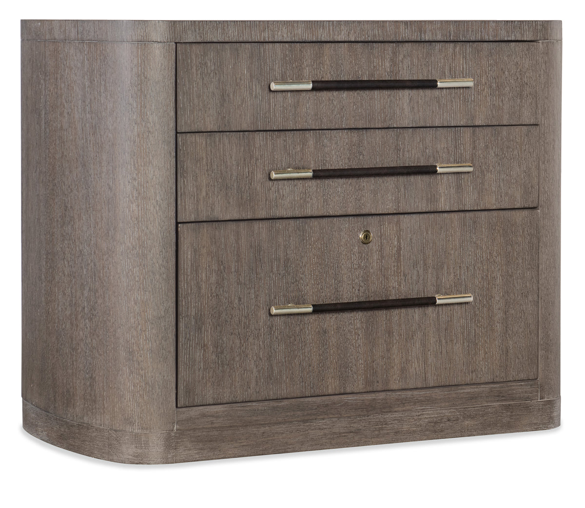 a brown dresser with metal handles